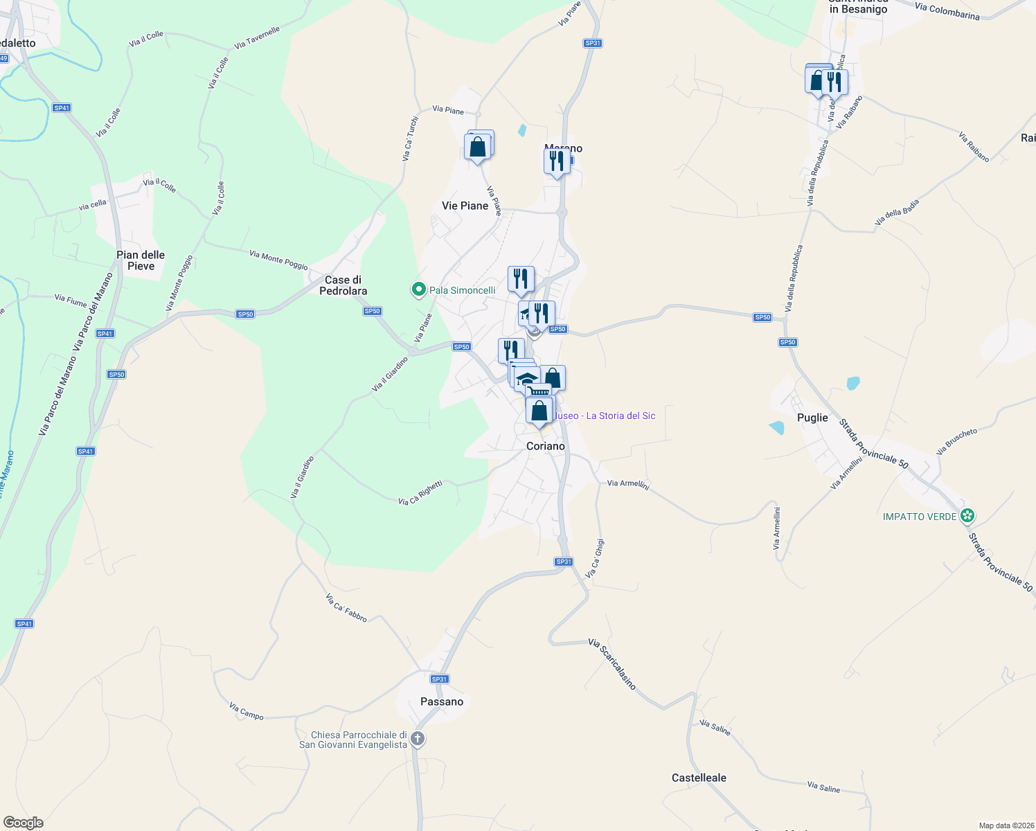 map of restaurants, bars, coffee shops, grocery stores, and more near 17 Via Libero Pedrelli in Coriano