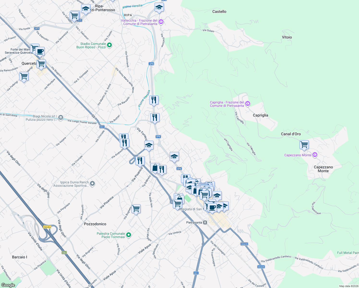map of restaurants, bars, coffee shops, grocery stores, and more near 42 Via dei Salesiani in Pietrasanta