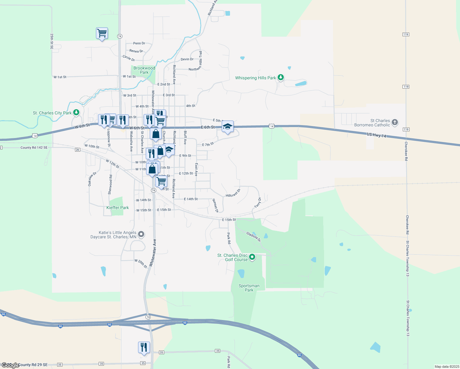 map of restaurants, bars, coffee shops, grocery stores, and more near 801 East 13th Street in Saint Charles