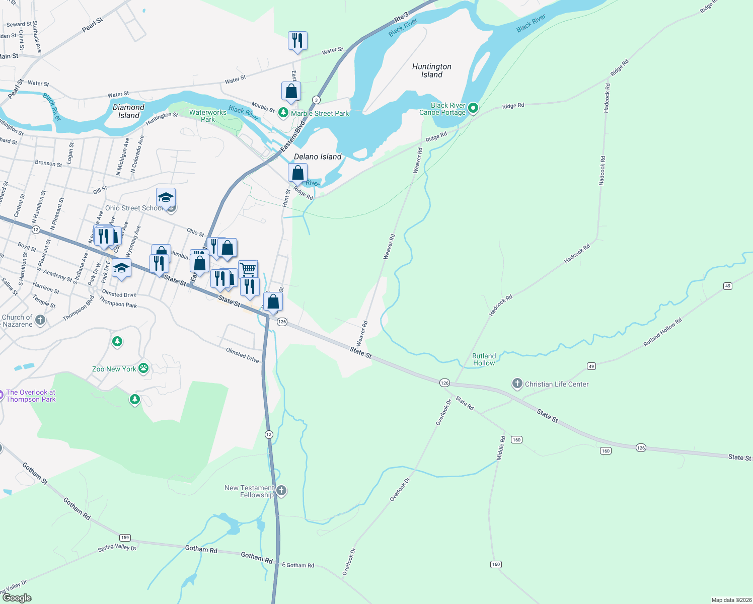 map of restaurants, bars, coffee shops, grocery stores, and more near 20682 Weaver Rd in Watertown