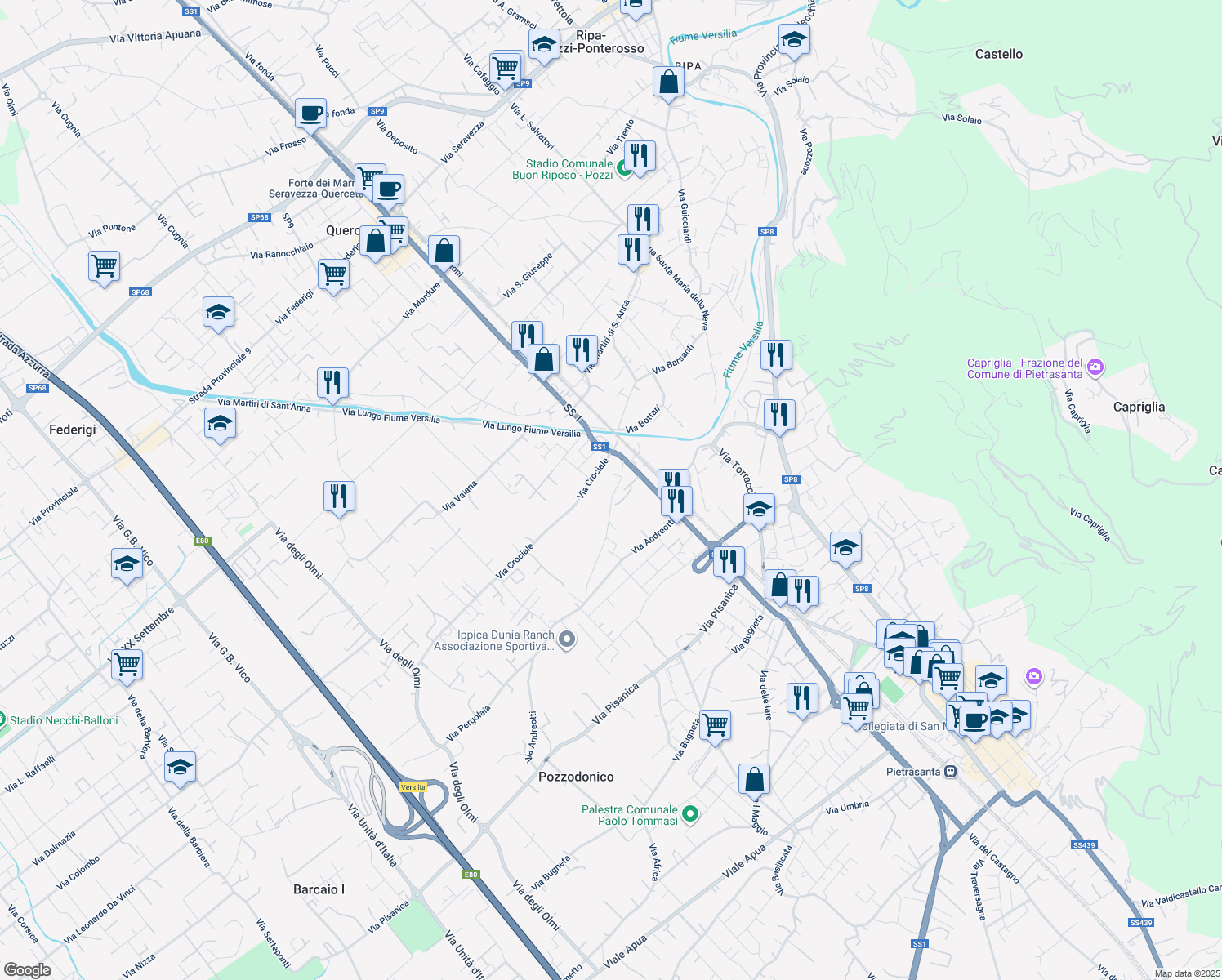 map of restaurants, bars, coffee shops, grocery stores, and more near 14 Via Don Giovanni Minzoni in Pietrasanta