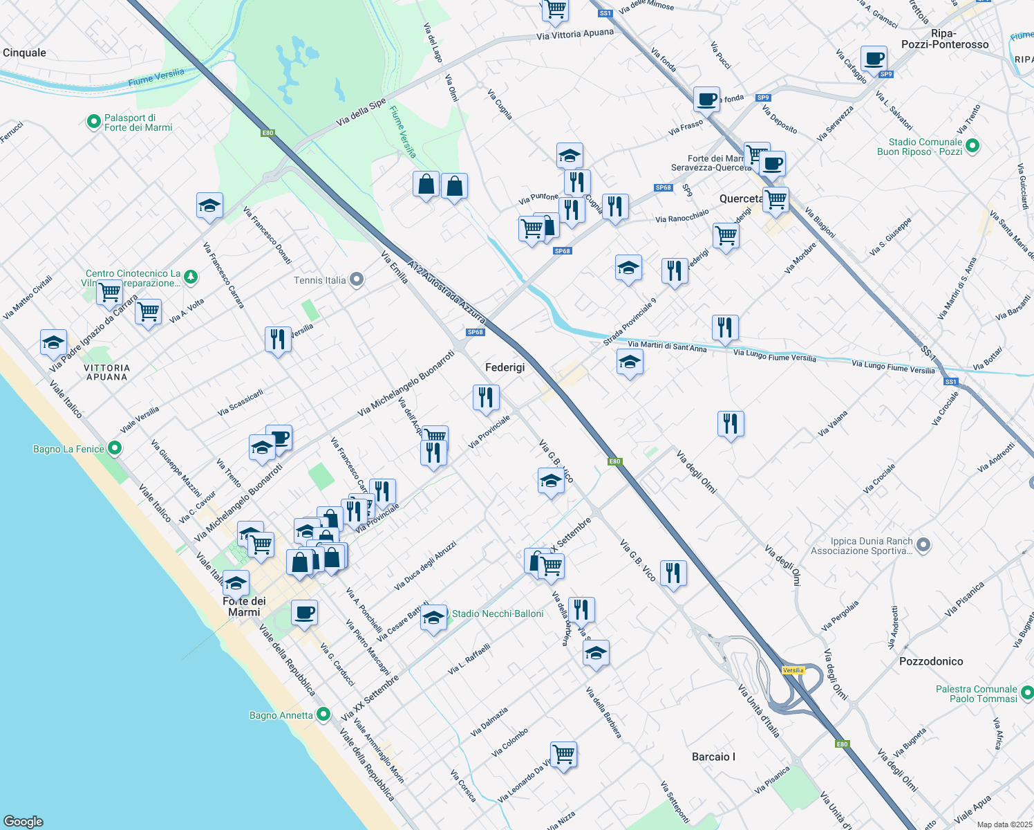 map of restaurants, bars, coffee shops, grocery stores, and more near 71 Via Provinciale in Forte dei Marmi