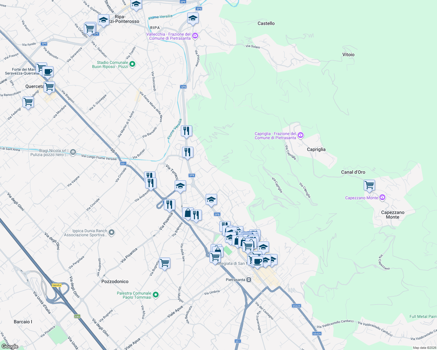 map of restaurants, bars, coffee shops, grocery stores, and more near 42 Via dei Salesiani in Pietrasanta