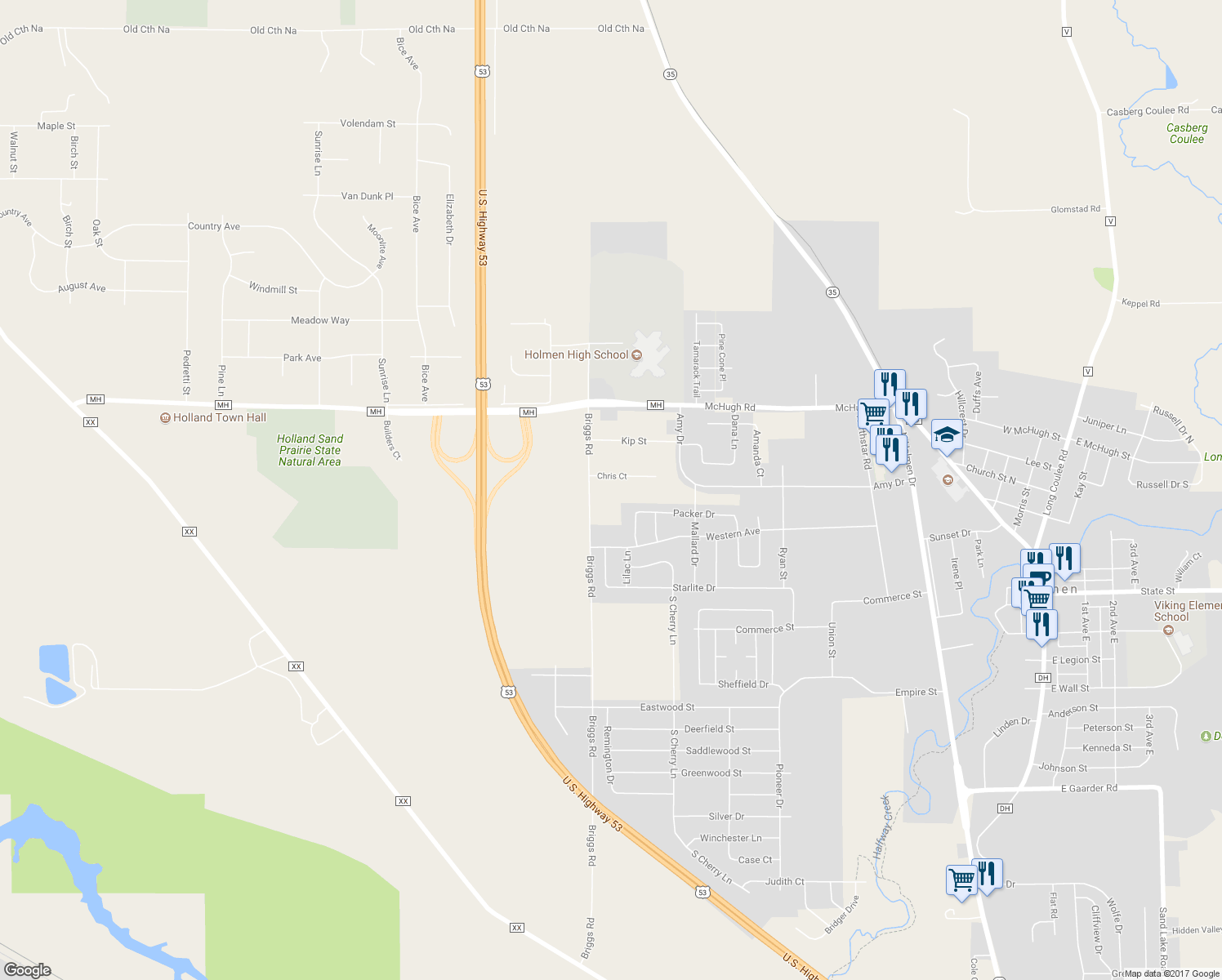 map of restaurants, bars, coffee shops, grocery stores, and more near W7471 Chris Court in Holmen