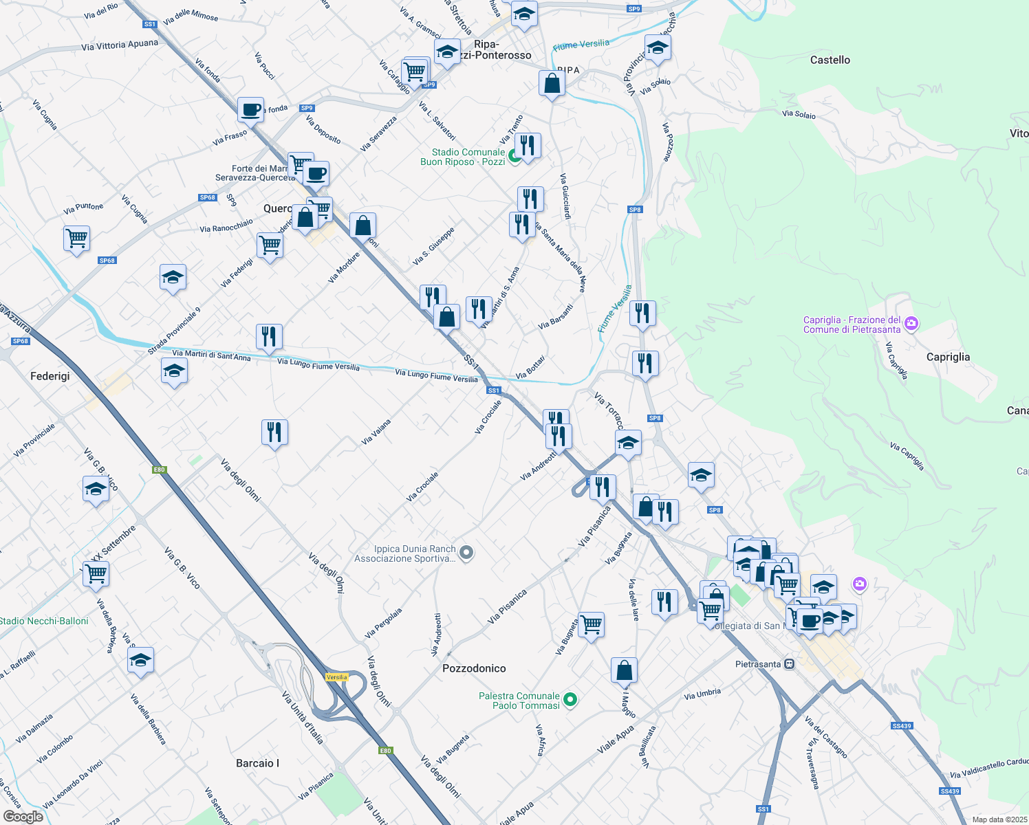map of restaurants, bars, coffee shops, grocery stores, and more near 14 Via Don Giovanni Minzoni in Pietrasanta