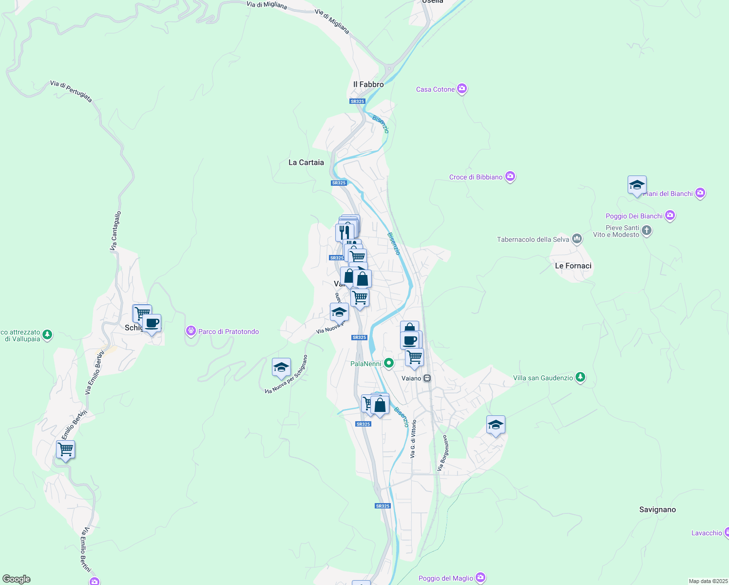 map of restaurants, bars, coffee shops, grocery stores, and more near 156 Via Giulio Braga in Vaiano