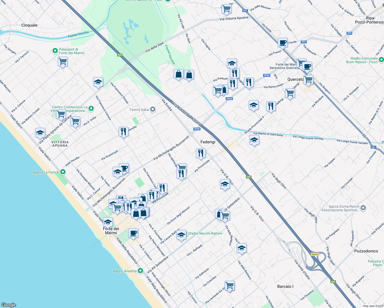 map of restaurants, bars, coffee shops, grocery stores, and more near 54 Via Luigi Dallapiccola in Forte dei Marmi