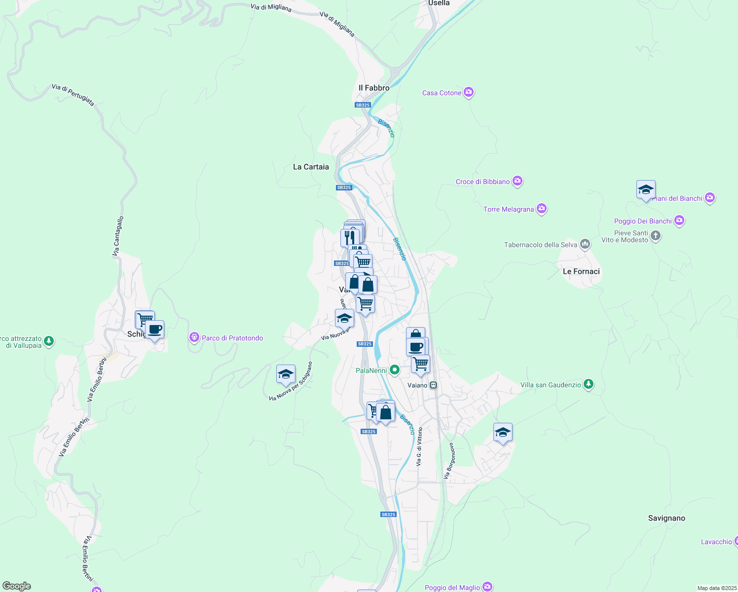 map of restaurants, bars, coffee shops, grocery stores, and more near 156 Via Giulio Braga in Vaiano