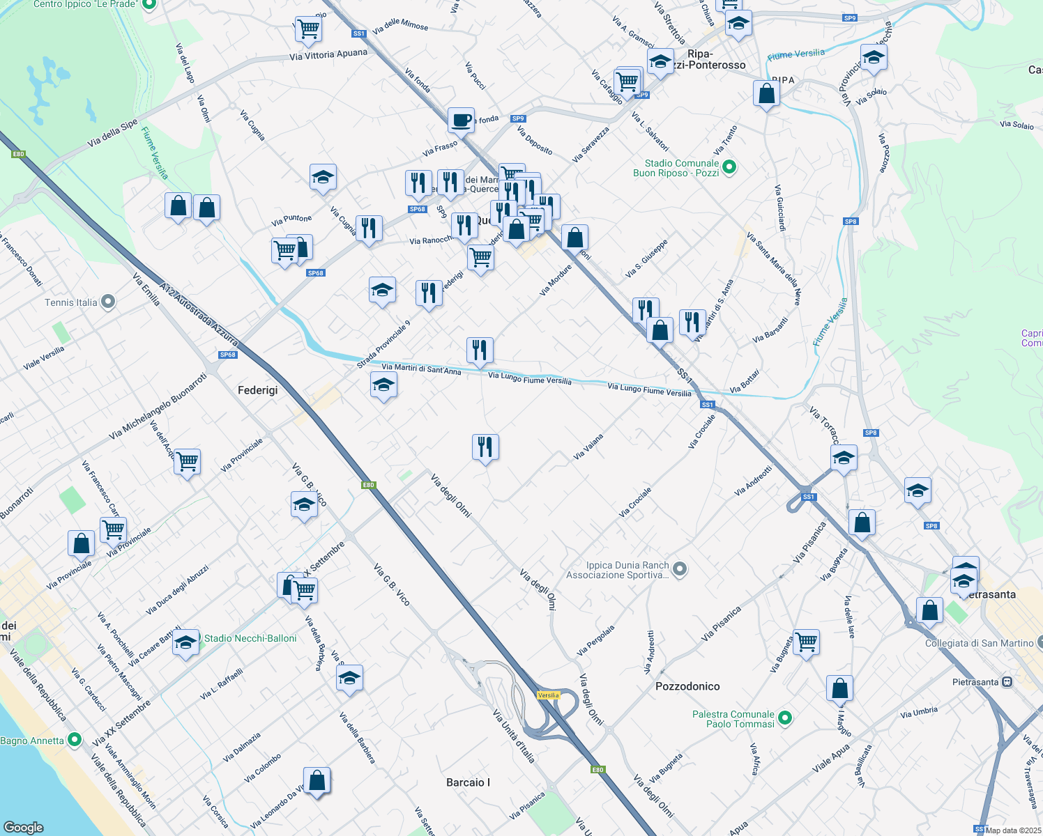 map of restaurants, bars, coffee shops, grocery stores, and more near 13 Via Fontana in Pietrasanta