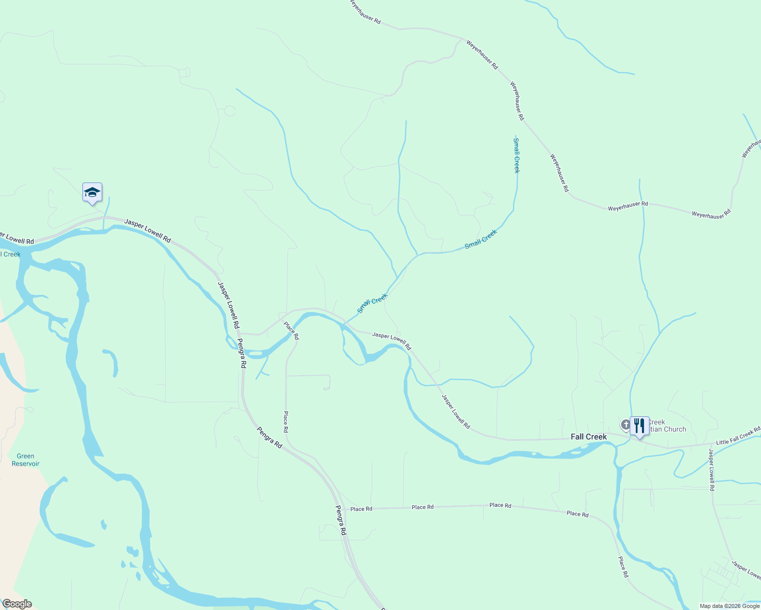 map of restaurants, bars, coffee shops, grocery stores, and more near 38519 Jasper Lowell Road in Fall Creek