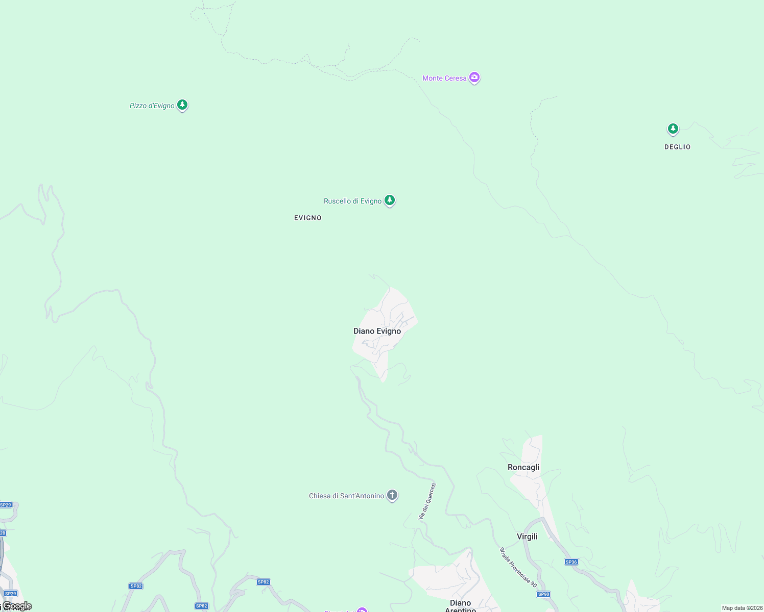 map of restaurants, bars, coffee shops, grocery stores, and more near 16a Via Costa in Diano Evigno