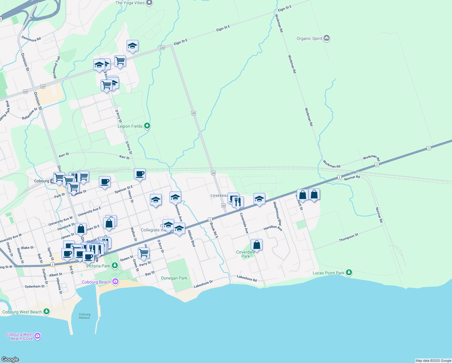 map of restaurants, bars, coffee shops, grocery stores, and more near Rollings Street in Cobourg