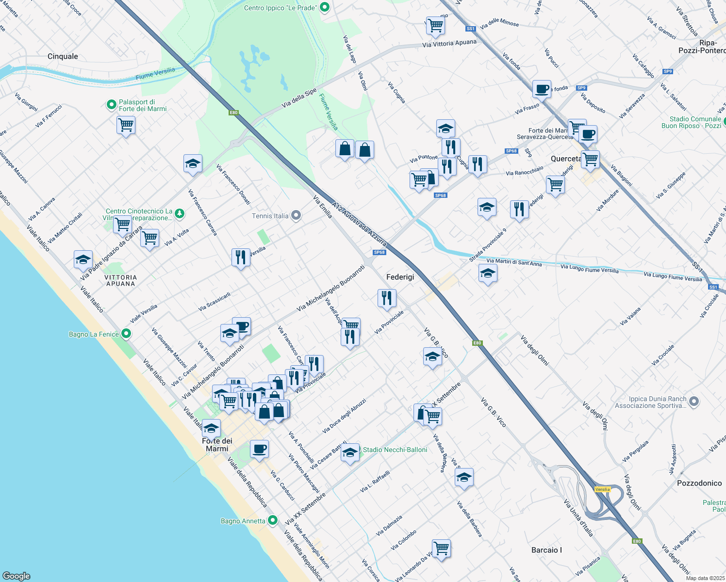 map of restaurants, bars, coffee shops, grocery stores, and more near 54 Via Luigi Dallapiccola in Forte dei Marmi