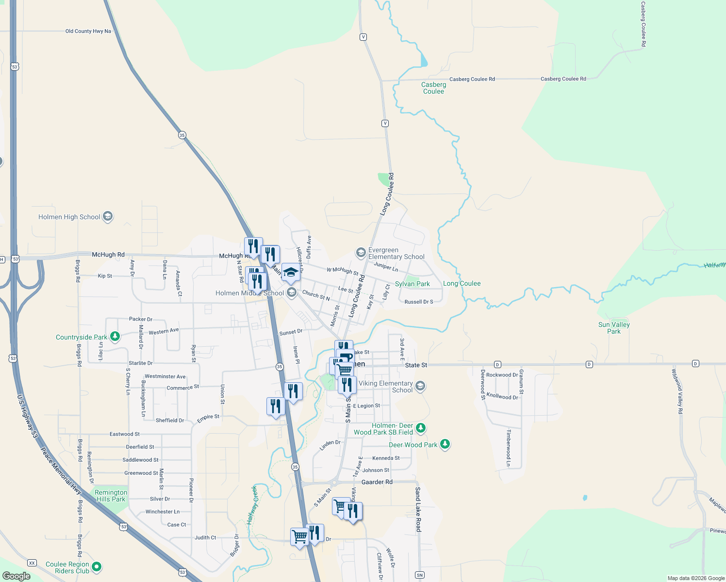 map of restaurants, bars, coffee shops, grocery stores, and more near 405 Long Coulee Road in Holmen