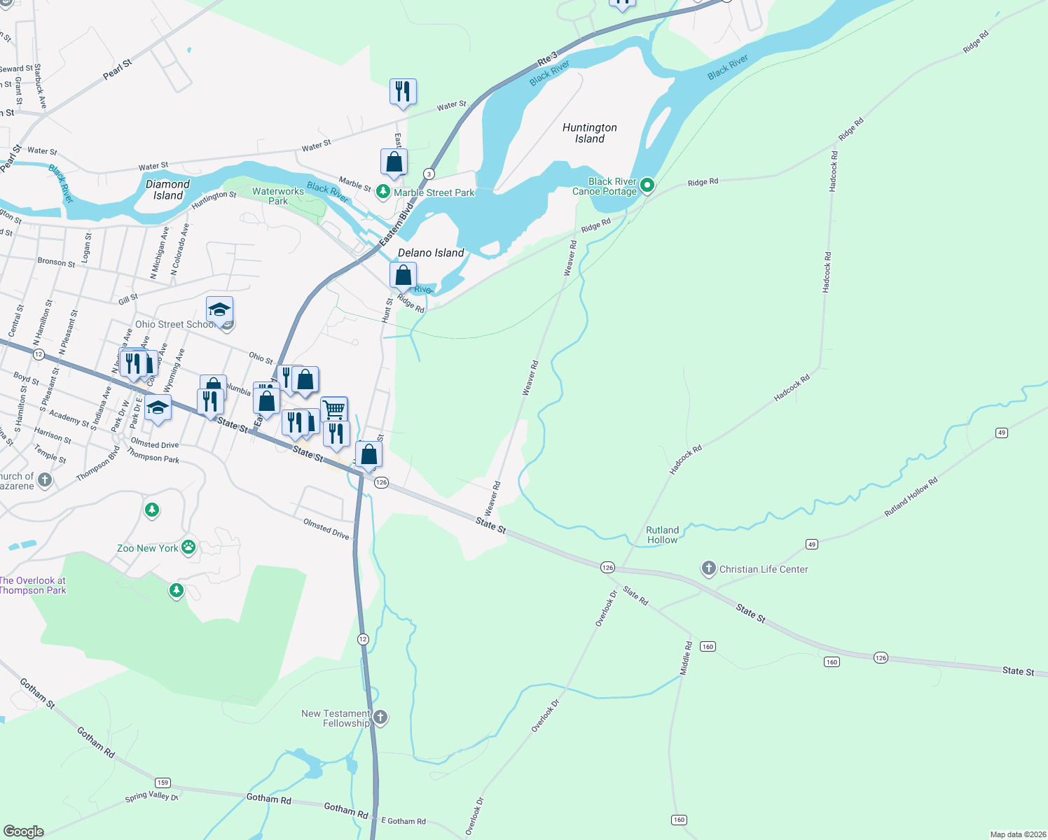 map of restaurants, bars, coffee shops, grocery stores, and more near 20760 Weaver Road in Watertown