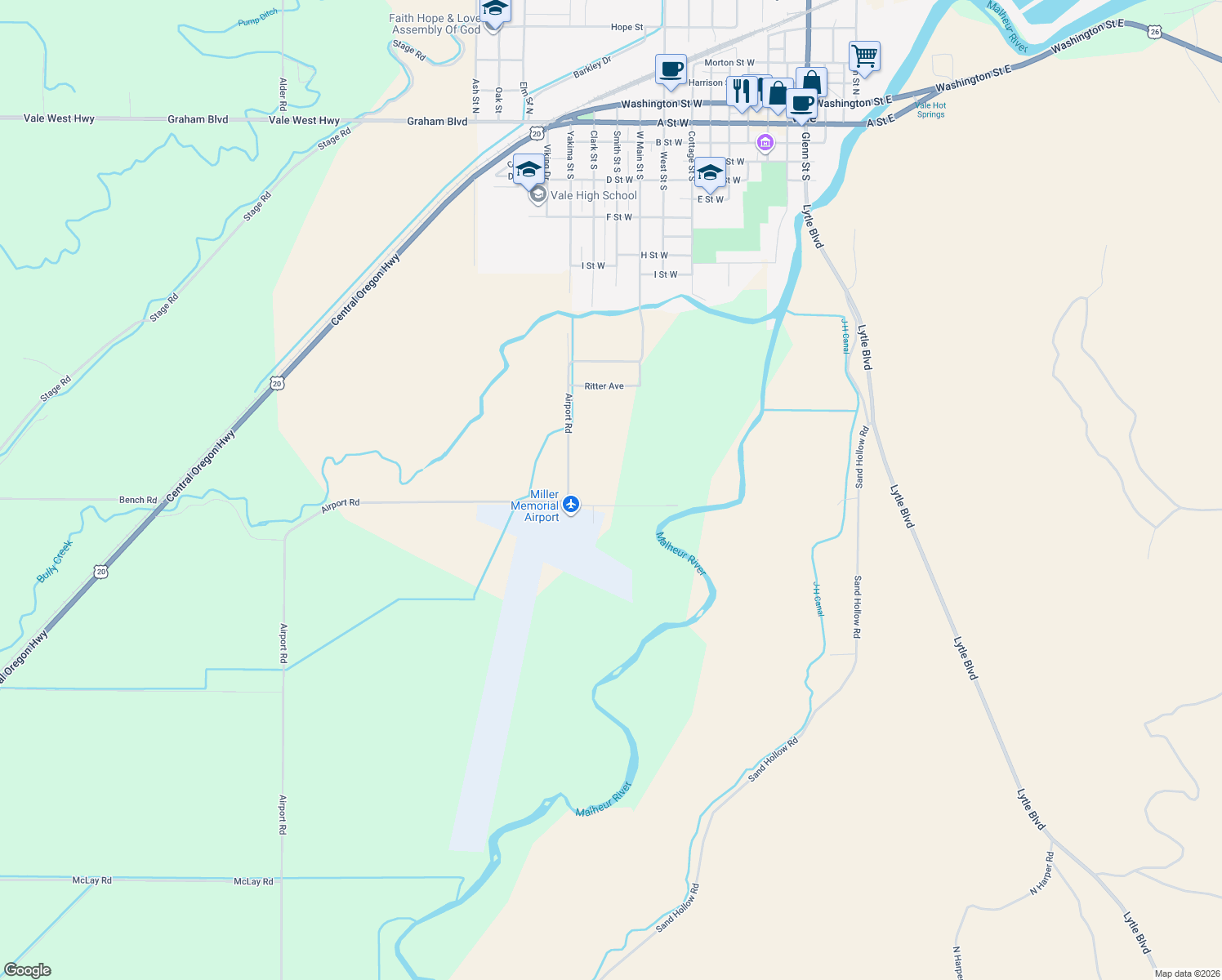 map of restaurants, bars, coffee shops, grocery stores, and more near 1778 Airport Road in Vale
