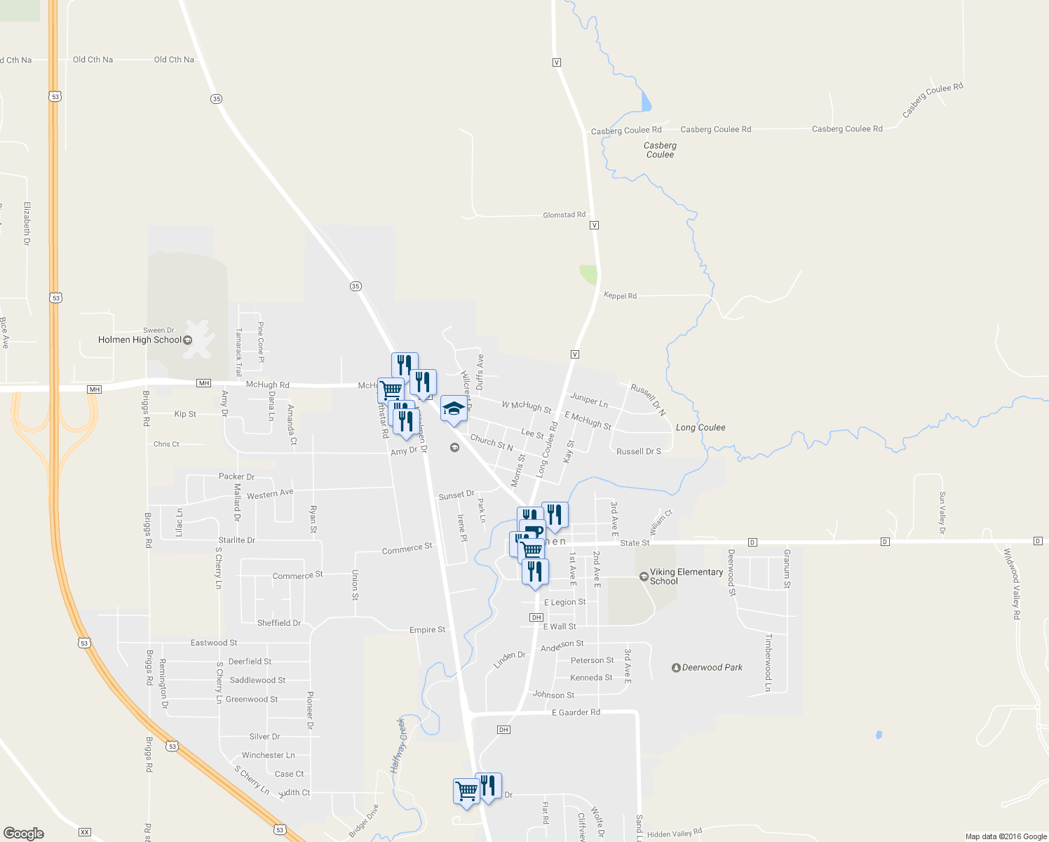 map of restaurants, bars, coffee shops, grocery stores, and more near 408 Morris Street in Holmen