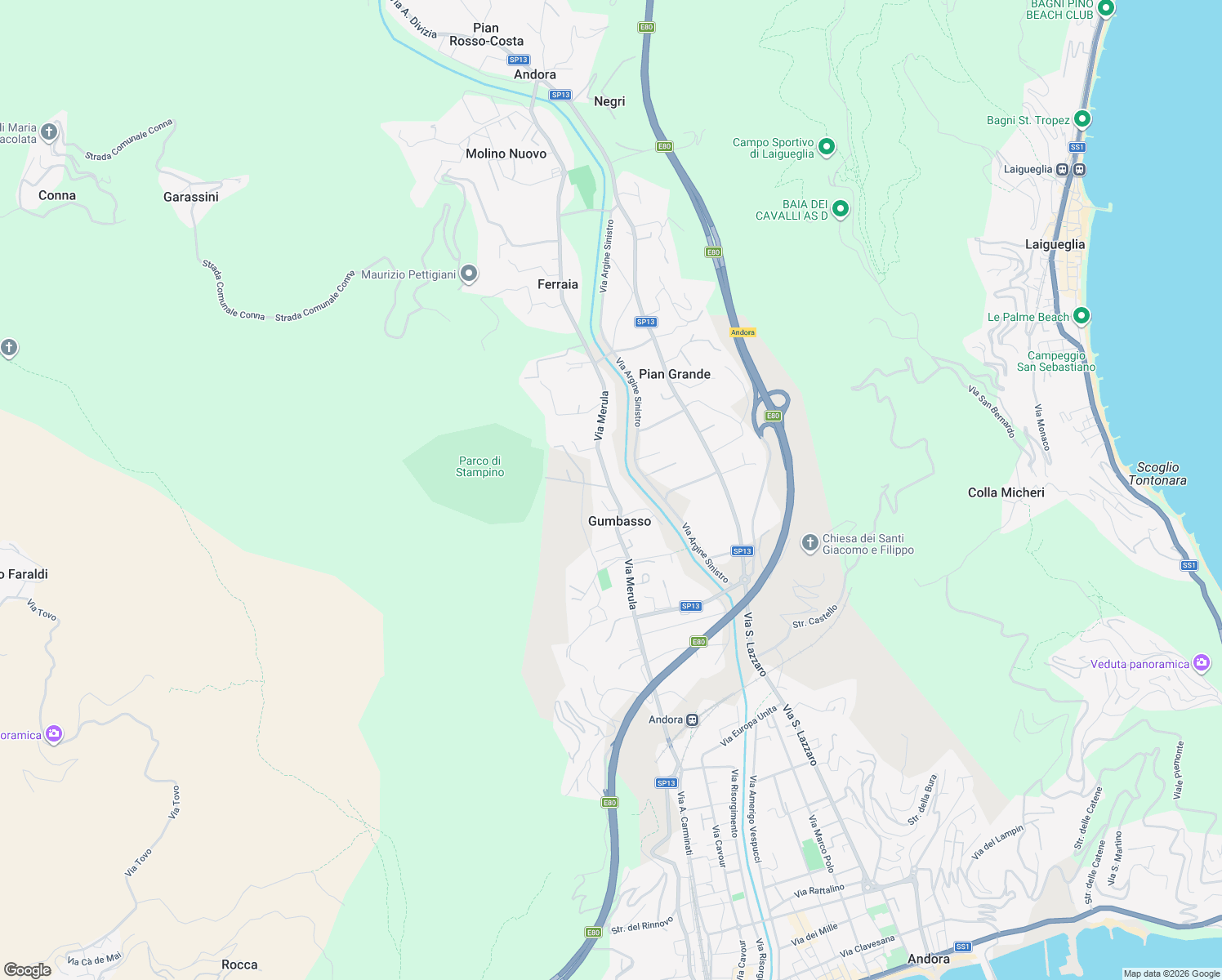 map of restaurants, bars, coffee shops, grocery stores, and more near 51 Via Merula in Andora