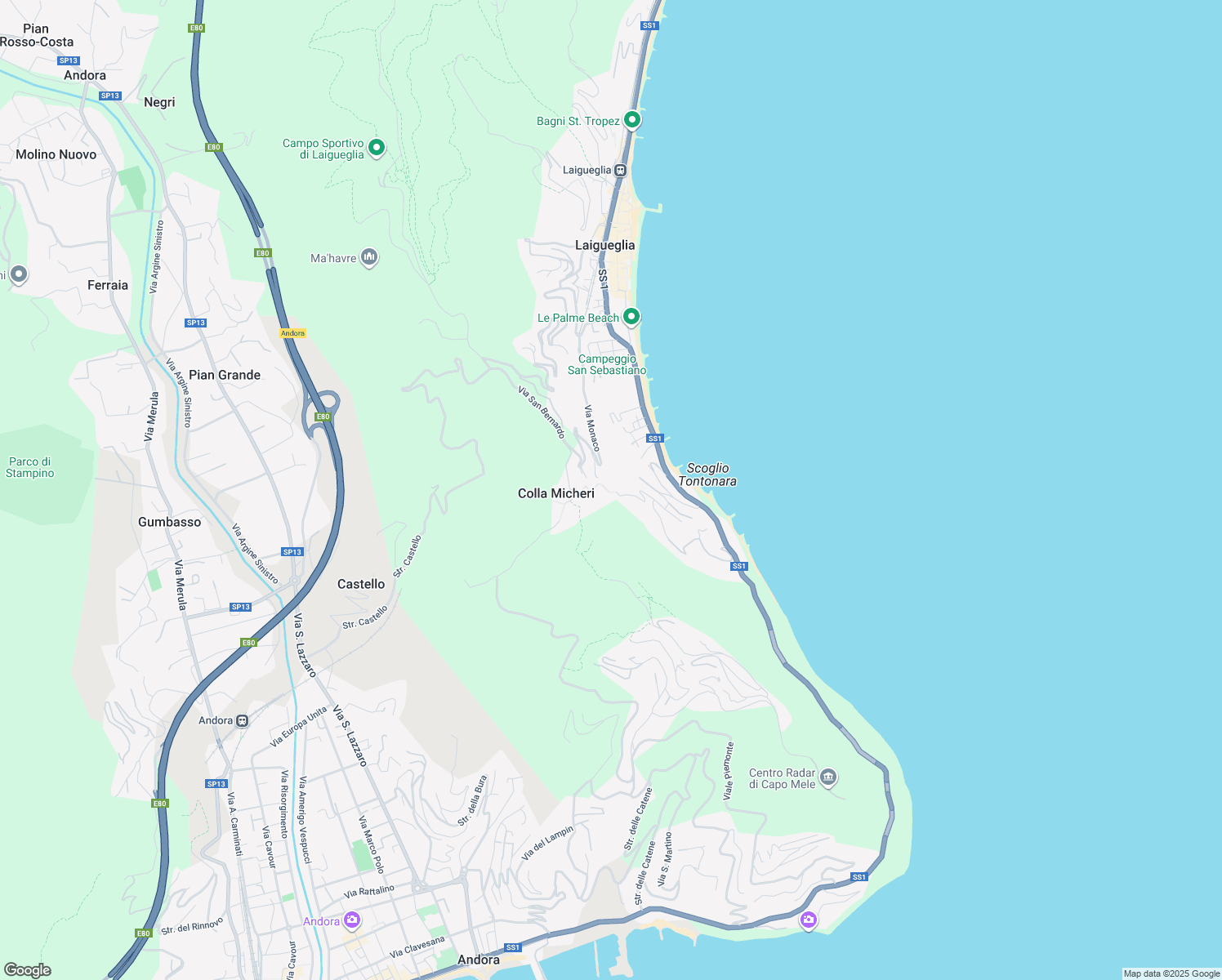 map of restaurants, bars, coffee shops, grocery stores, and more near 240A Via Punta Tacuara in Laigueglia