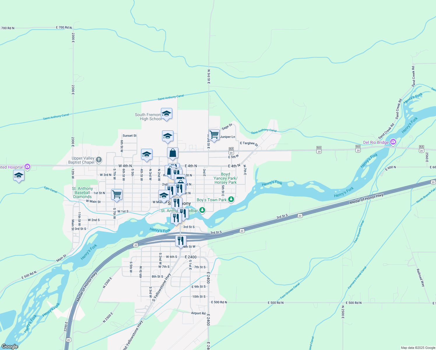 map of restaurants, bars, coffee shops, grocery stores, and more near 381 East 3rd North in St. Anthony