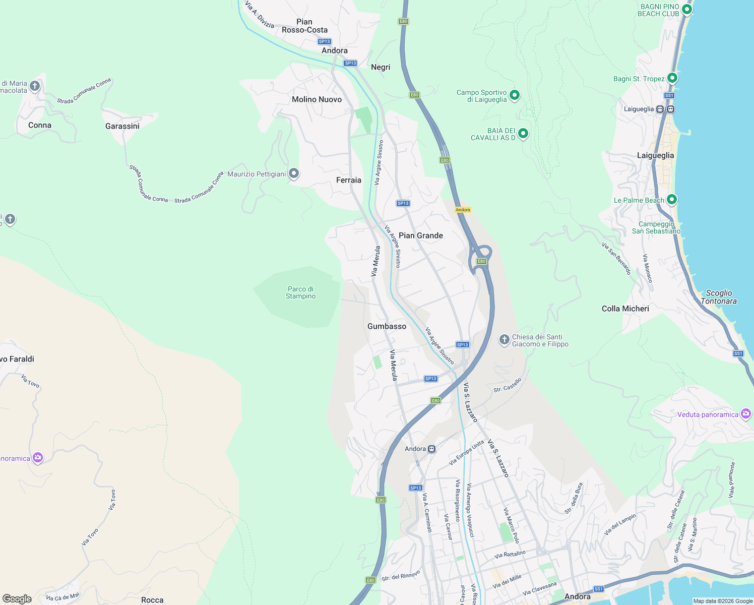 map of restaurants, bars, coffee shops, grocery stores, and more near 51 Via Merula in Andora