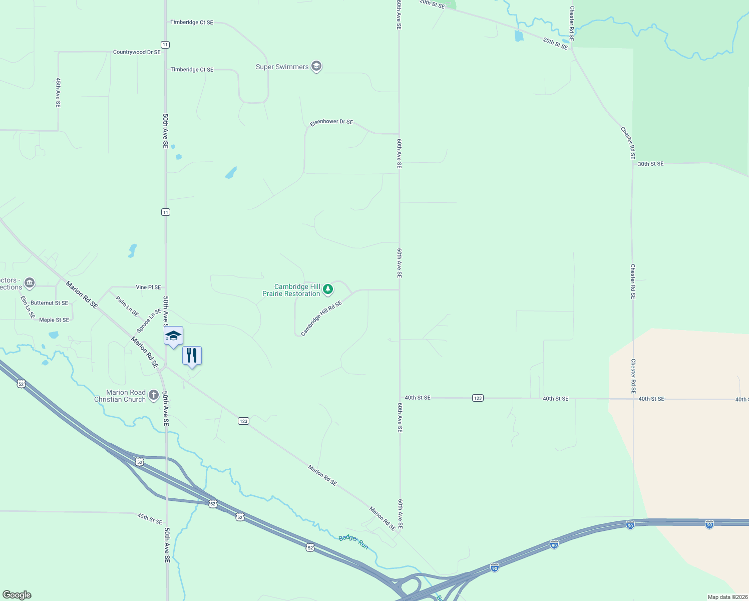 map of restaurants, bars, coffee shops, grocery stores, and more near 3608 Lee Lane Southeast in Rochester