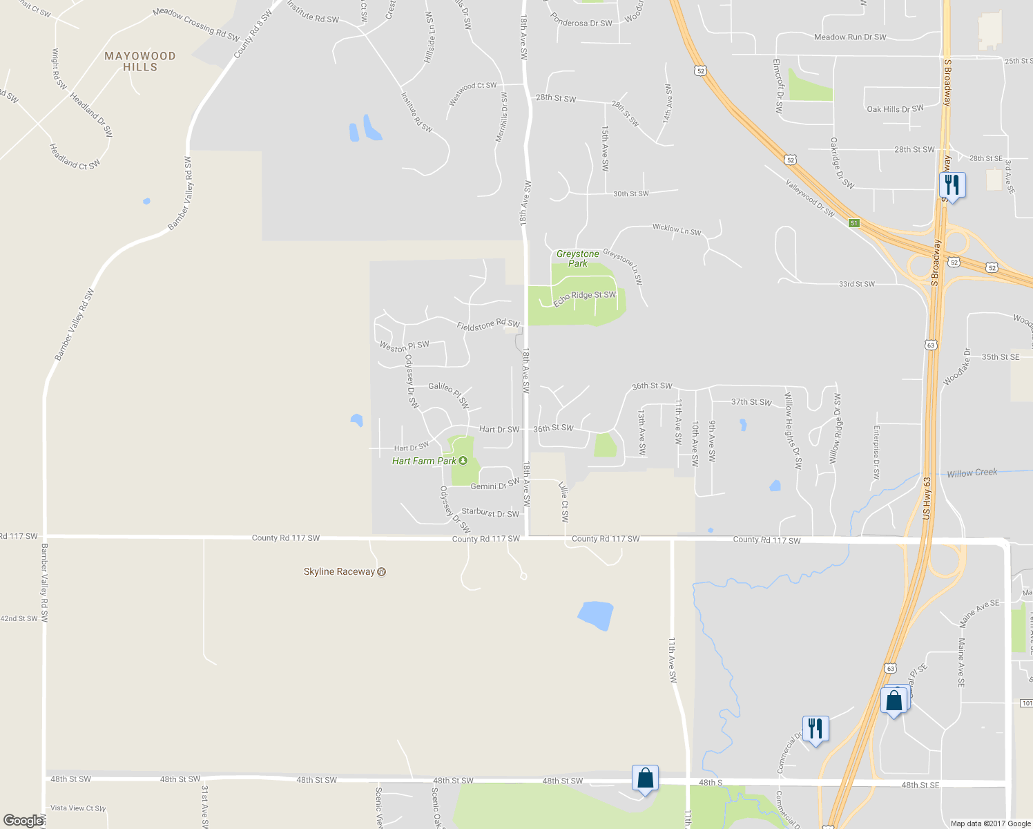 map of restaurants, bars, coffee shops, grocery stores, and more near 3614 Hart Lane Southwest in Rochester