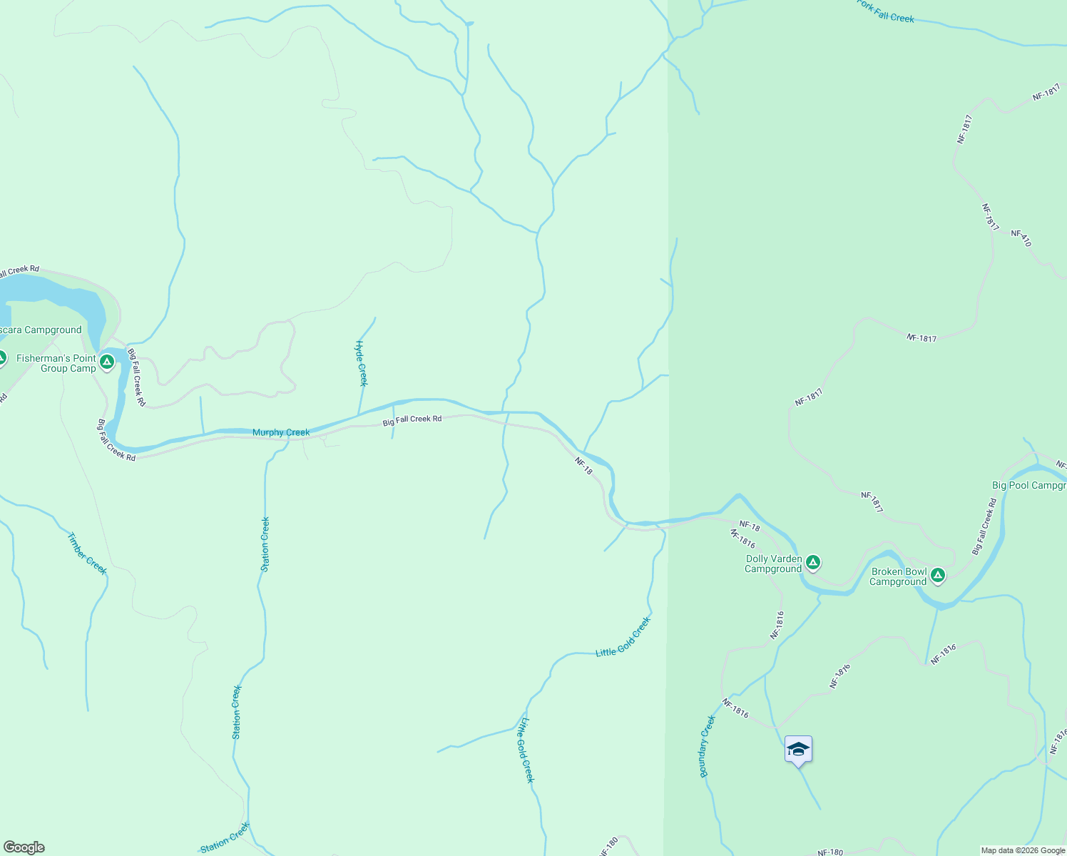 map of restaurants, bars, coffee shops, grocery stores, and more near 43599 Big Fall Creek Road in Fall Creek