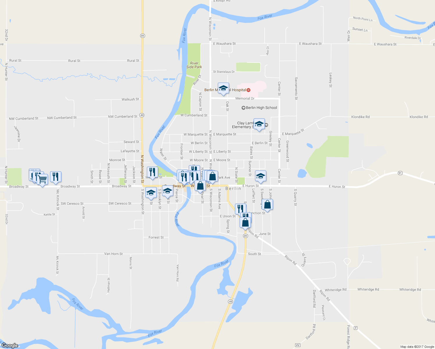 map of restaurants, bars, coffee shops, grocery stores, and more near 123 East Park Avenue in Berlin