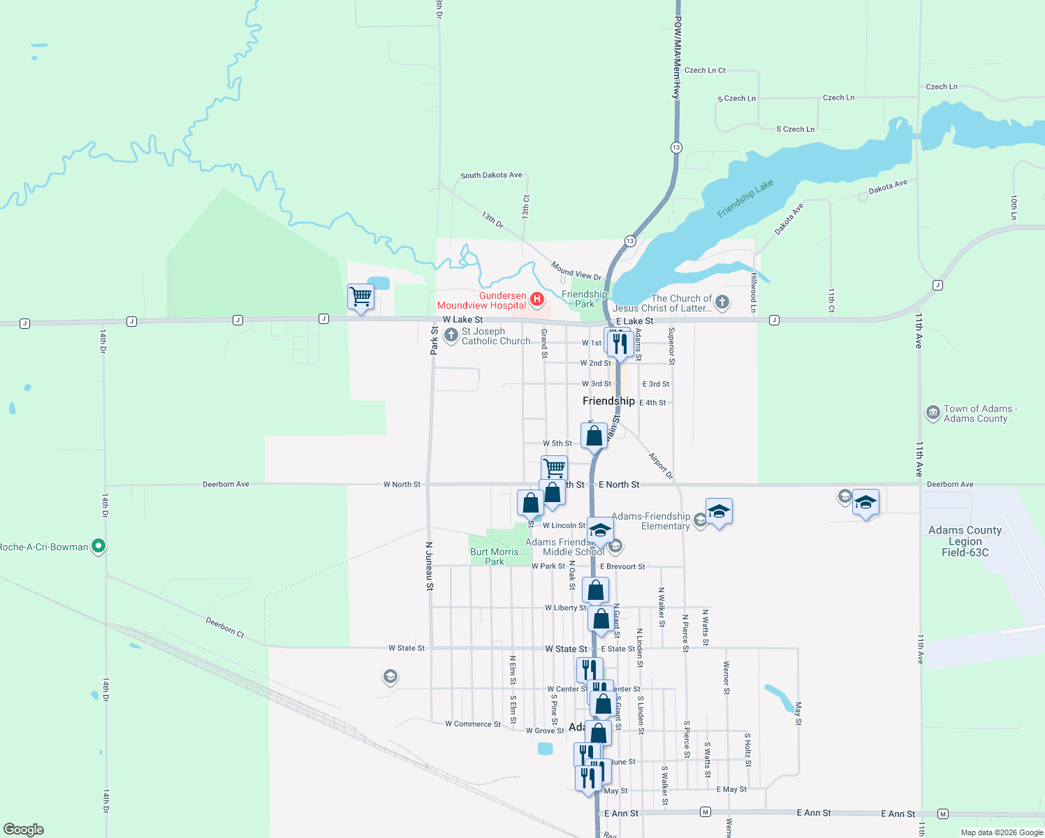 map of restaurants, bars, coffee shops, grocery stores, and more near 502 Quincy Street in Friendship