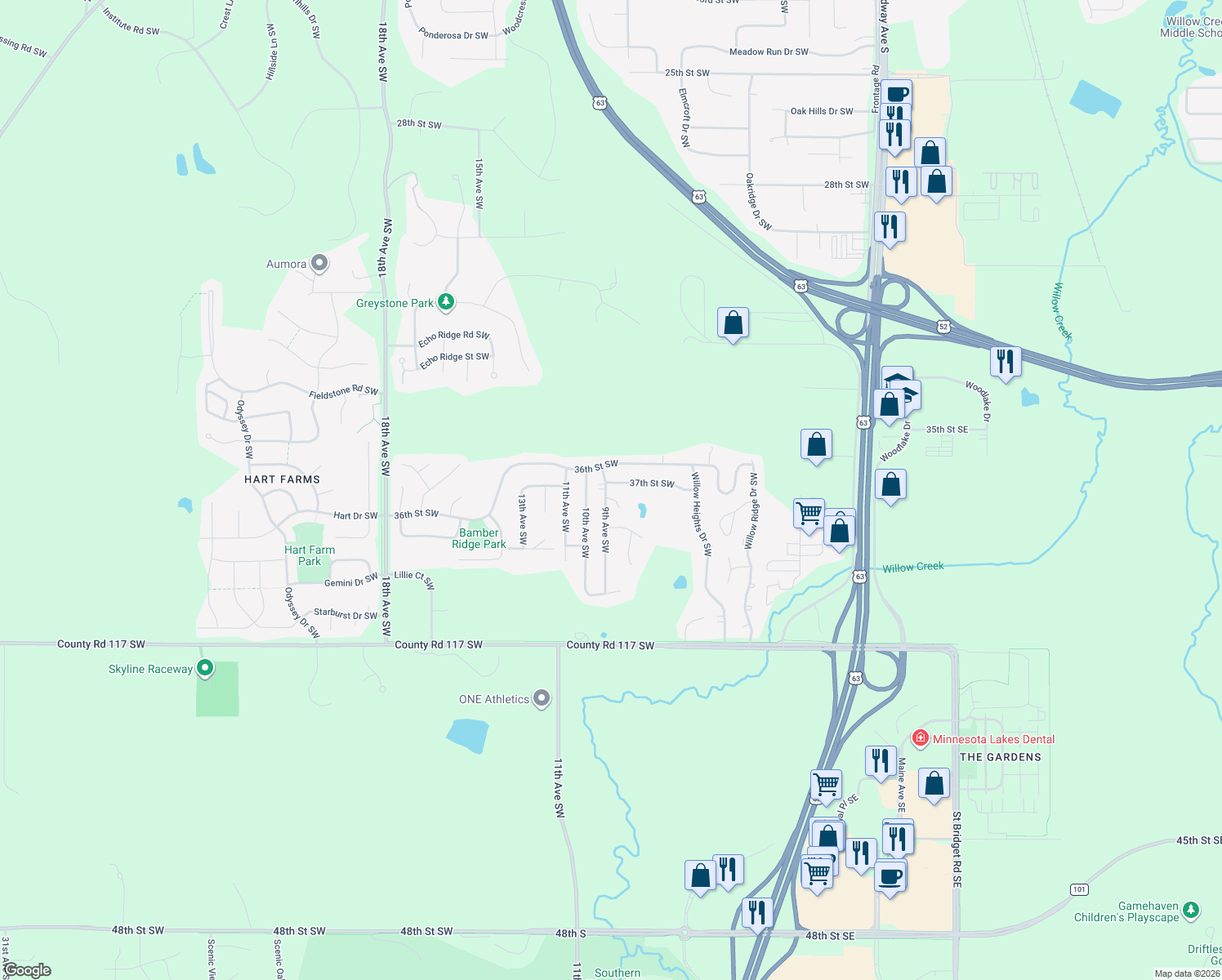 map of restaurants, bars, coffee shops, grocery stores, and more near 822 37th Street Southwest in Rochester