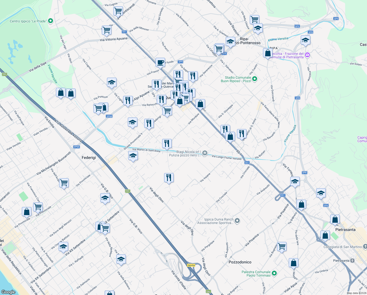 map of restaurants, bars, coffee shops, grocery stores, and more near Via Fiumetto in Ripa- Pozzi-Ponterosso