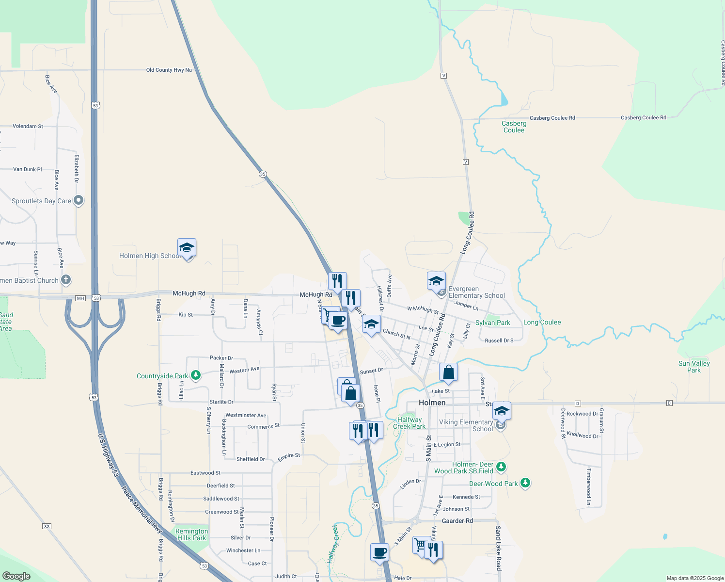 map of restaurants, bars, coffee shops, grocery stores, and more near 508 Curt Road in Holmen