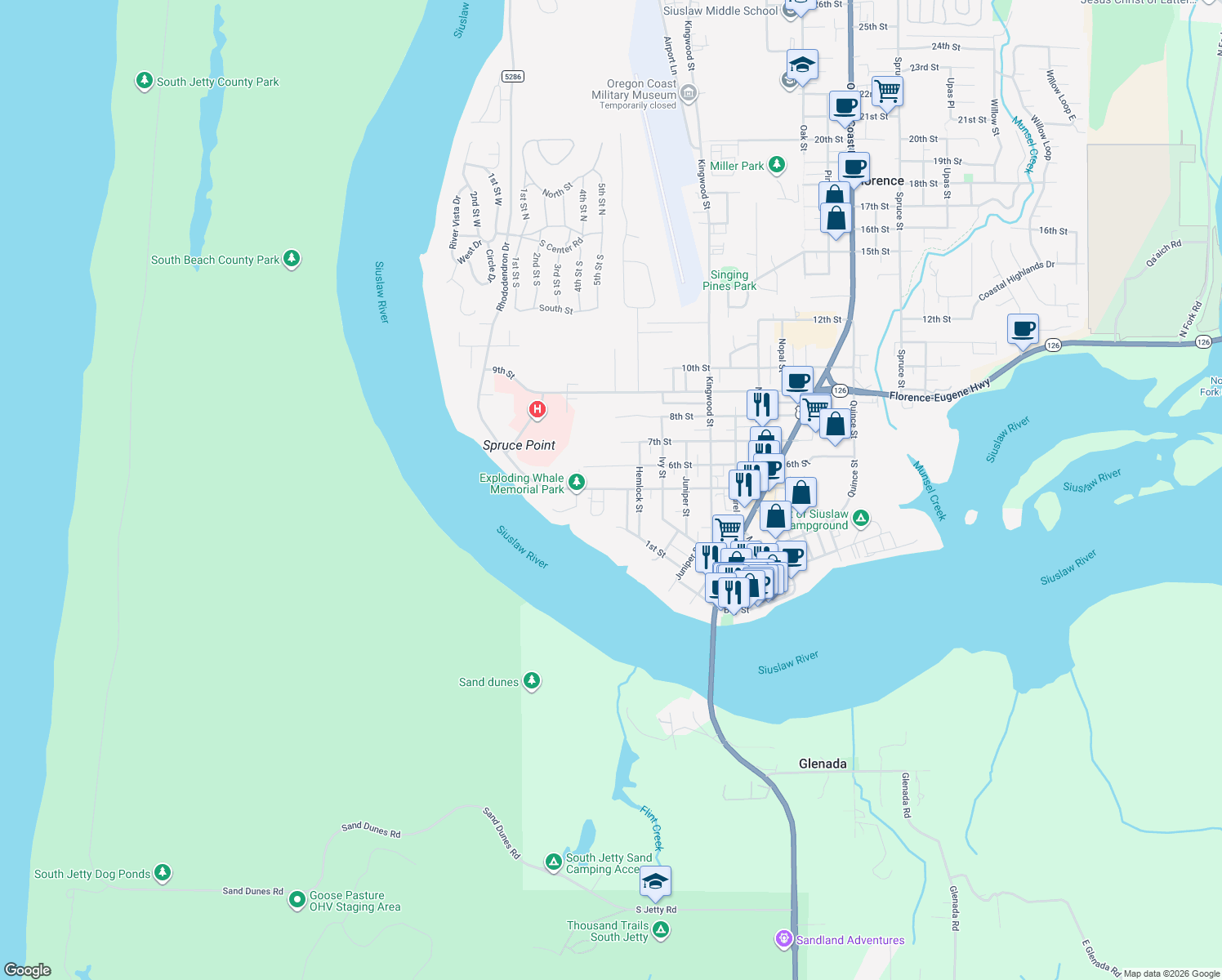 map of restaurants, bars, coffee shops, grocery stores, and more near 777 Rhododendron Drive in Florence