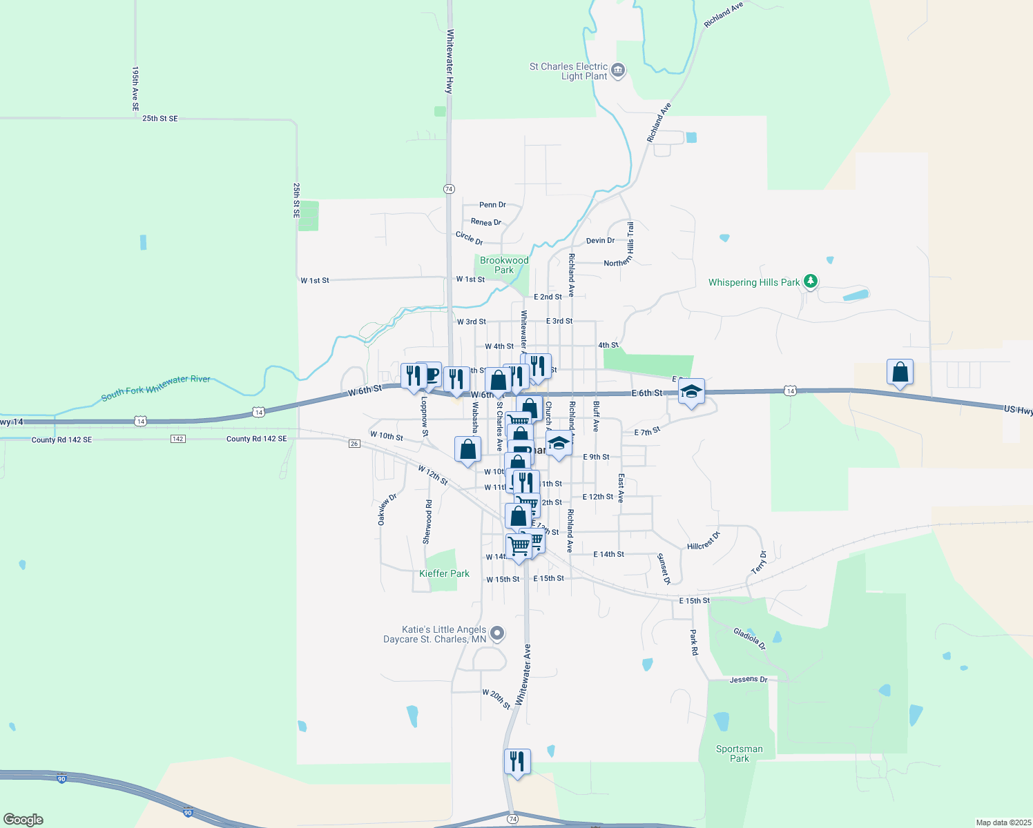 map of restaurants, bars, coffee shops, grocery stores, and more near 131 West 7th Street in Saint Charles
