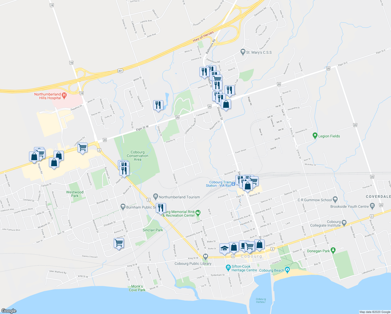 map of restaurants, bars, coffee shops, grocery stores, and more near 152 Sutherland Crescent in Cobourg