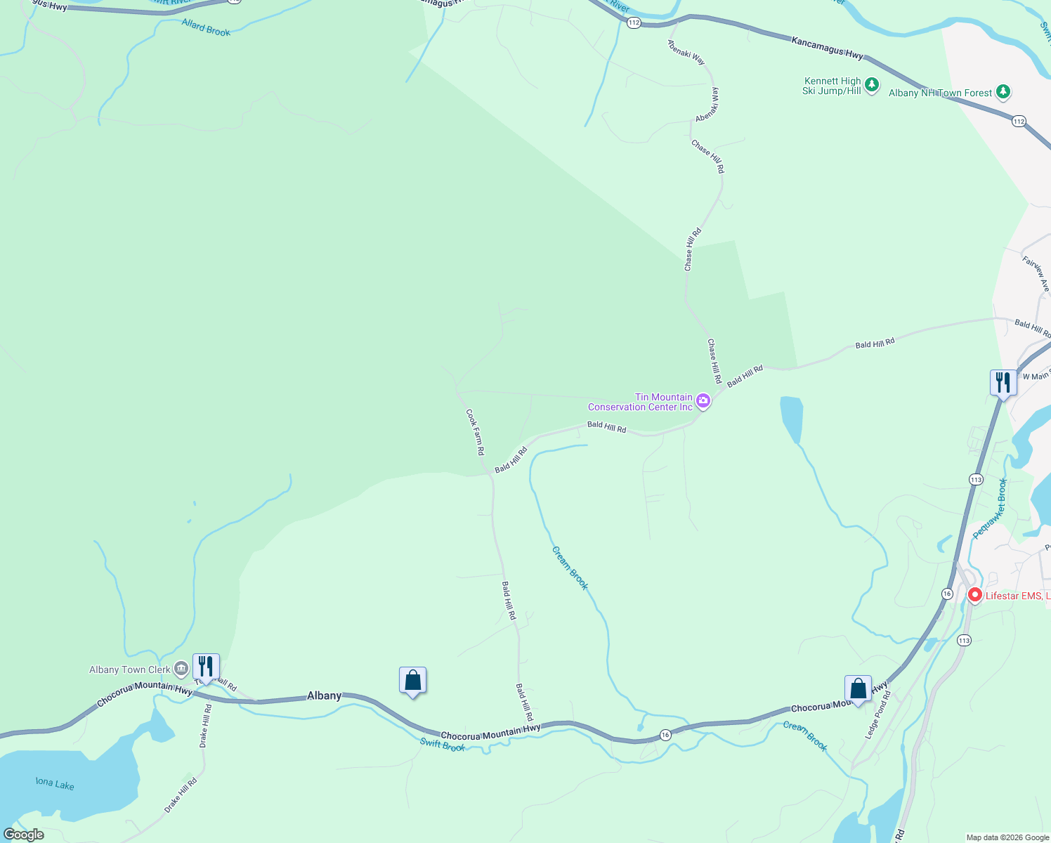 map of restaurants, bars, coffee shops, grocery stores, and more near Bald Hill Road in Albany