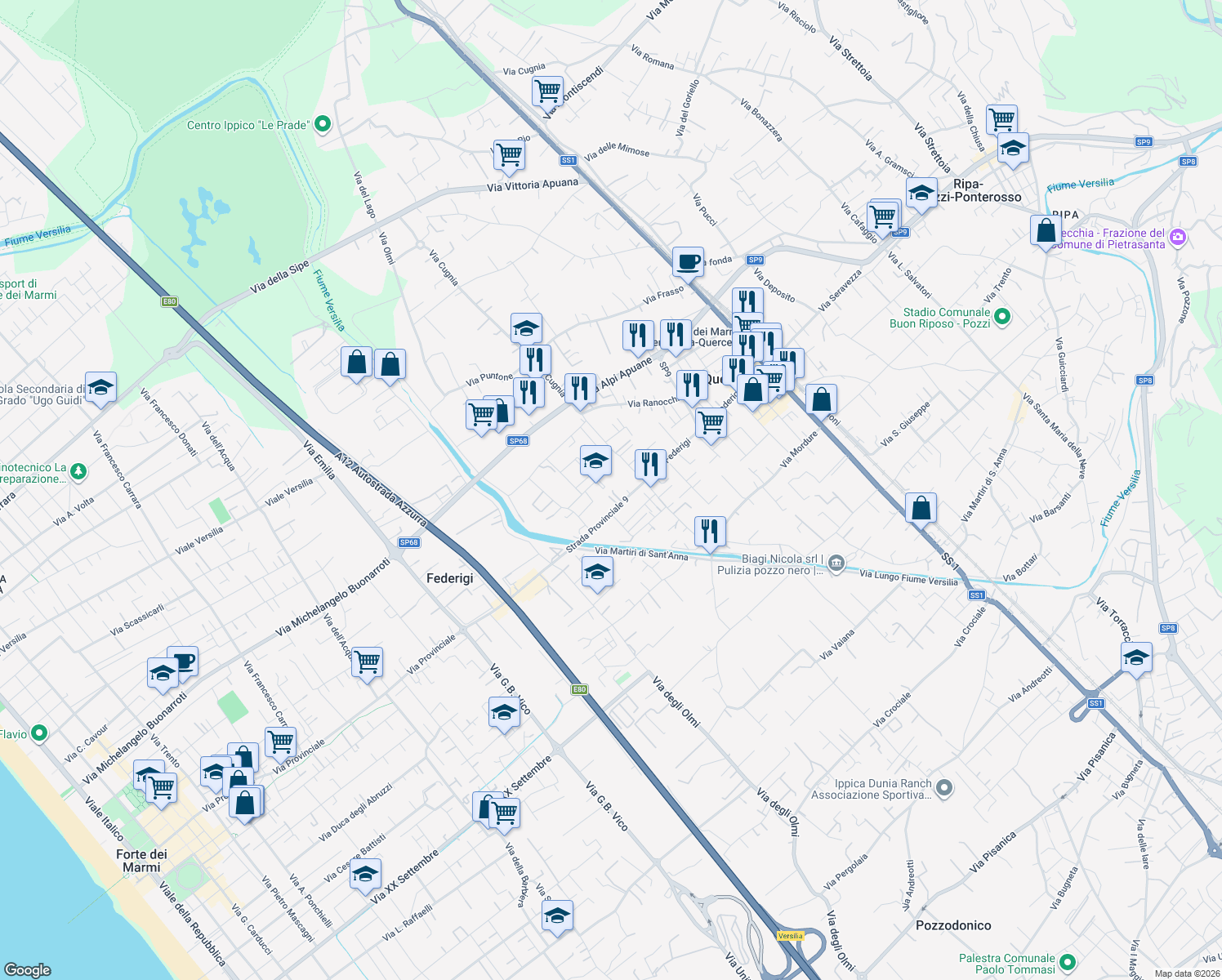 map of restaurants, bars, coffee shops, grocery stores, and more near 834 Via Federigi in Querceta