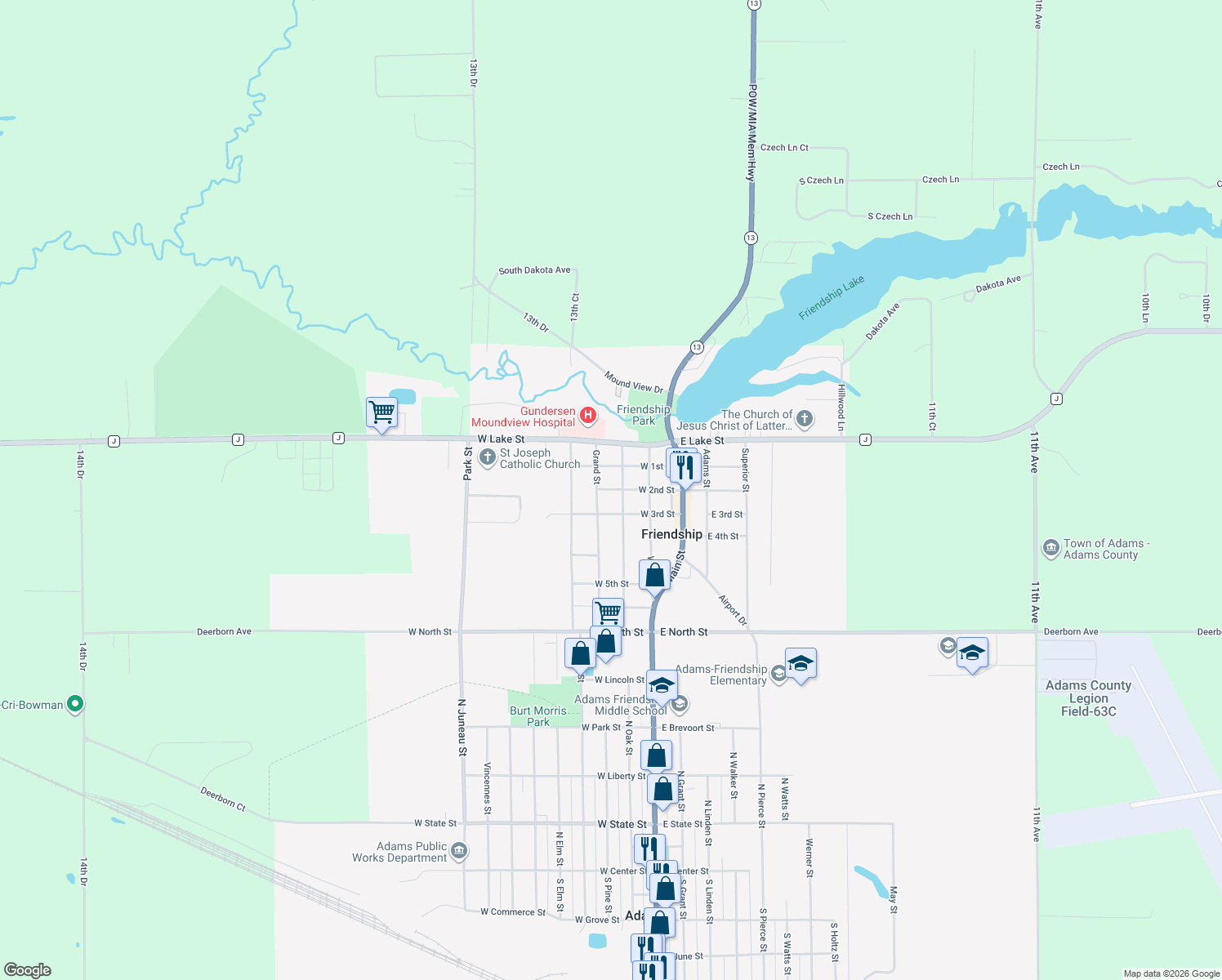 map of restaurants, bars, coffee shops, grocery stores, and more near 304 W 2nd St in Friendship
