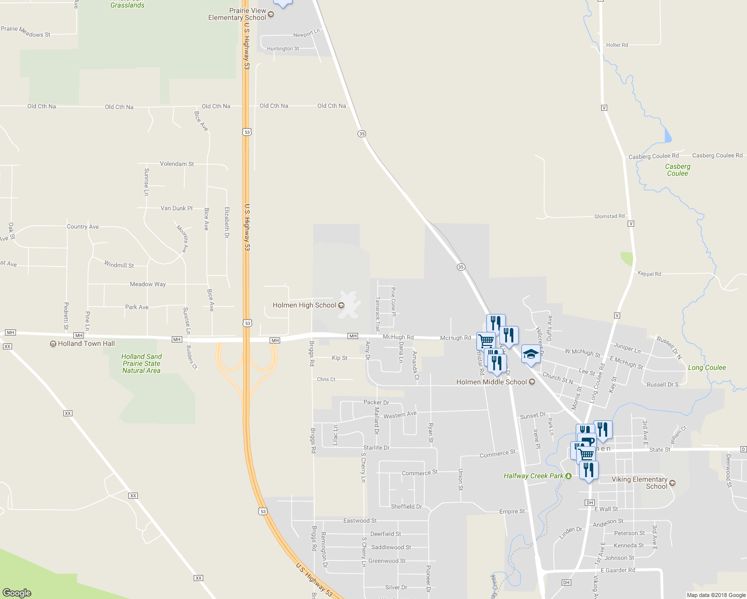 map of restaurants, bars, coffee shops, grocery stores, and more near 708 Tamarack Trail in Holmen