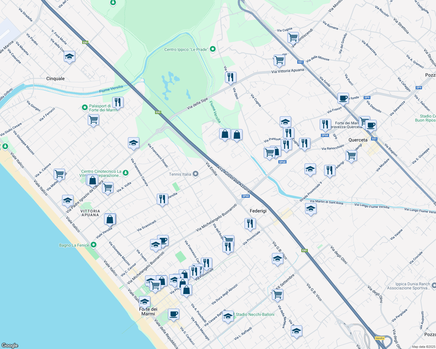 map of restaurants, bars, coffee shops, grocery stores, and more near 850c Via Emilia in Forte dei Marmi