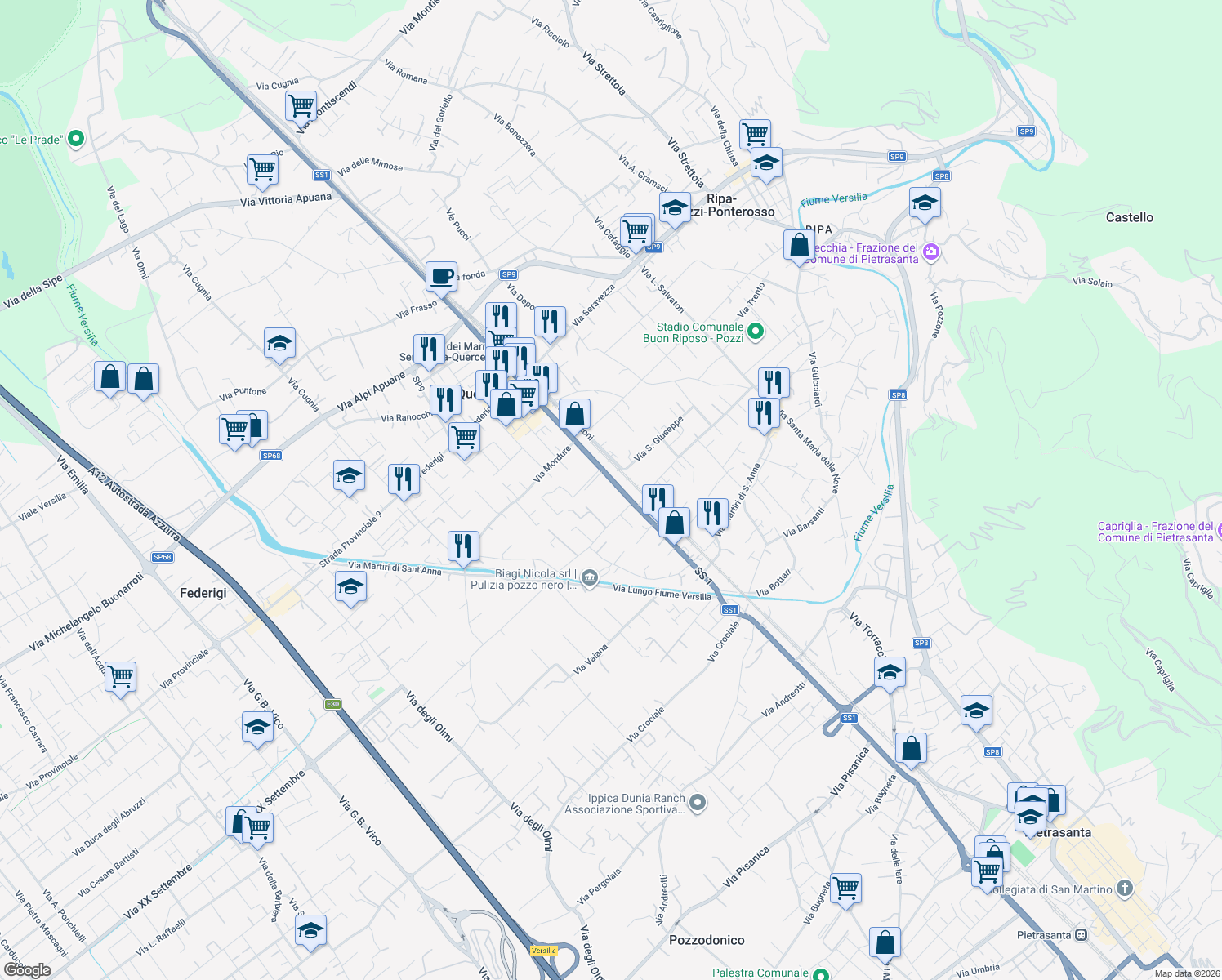 map of restaurants, bars, coffee shops, grocery stores, and more near 629 Strada Statale 1 in Ripa- Pozzi-Ponterosso