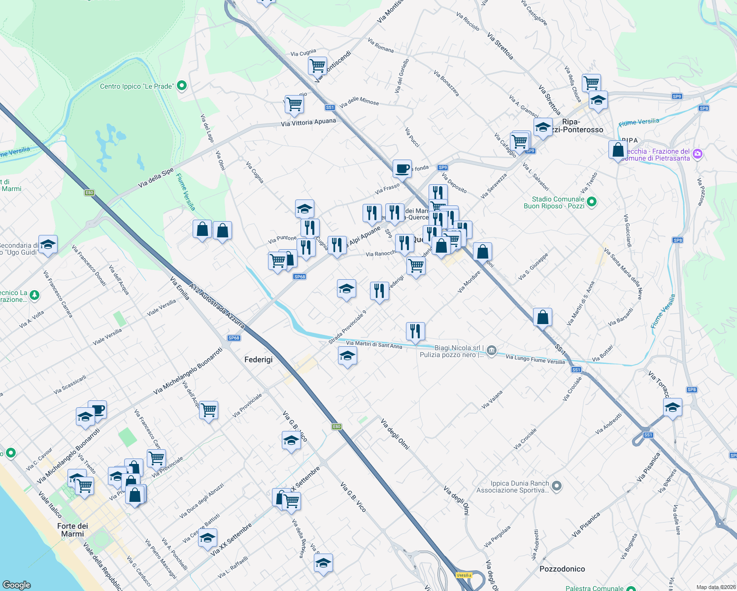 map of restaurants, bars, coffee shops, grocery stores, and more near 834 Via Federigi in Querceta