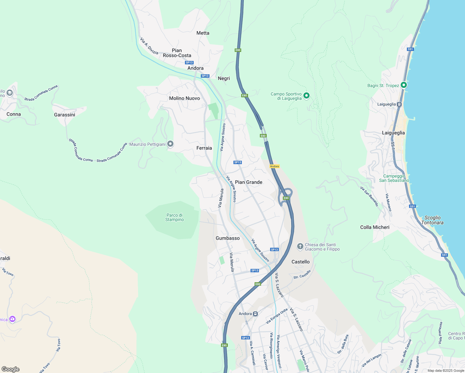 map of restaurants, bars, coffee shops, grocery stores, and more near 44 Via Argine Sinistro in Andora