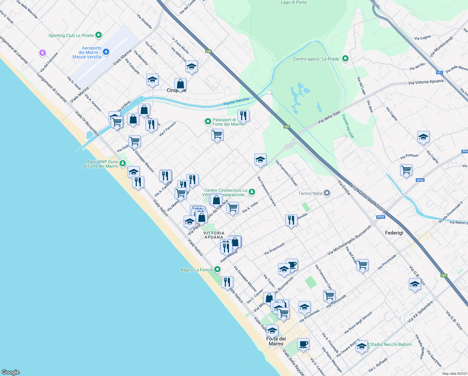 map of restaurants, bars, coffee shops, grocery stores, and more near 21 Via Gorizia in Forte dei Marmi