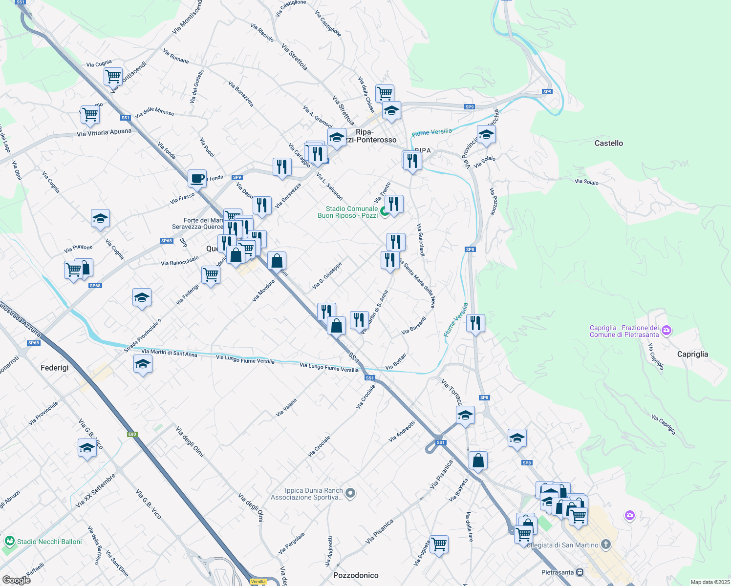 map of restaurants, bars, coffee shops, grocery stores, and more near 190/A Via Sceltino in Seravezza
