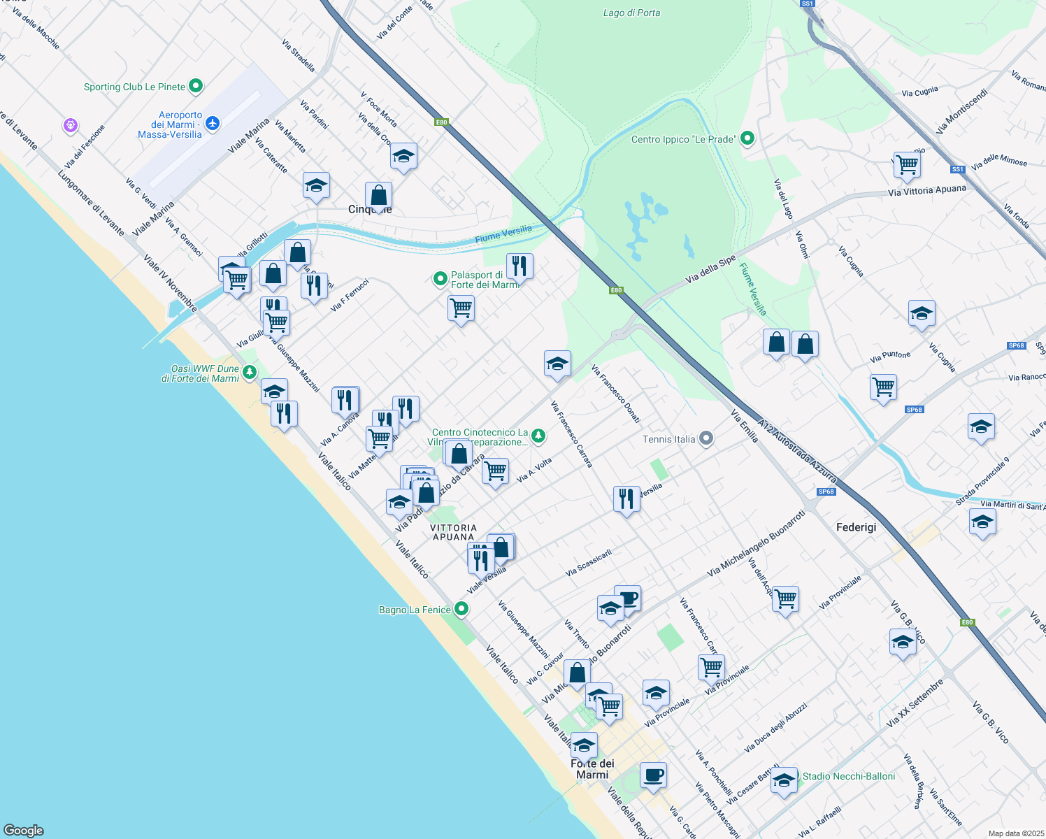 map of restaurants, bars, coffee shops, grocery stores, and more near 56 Via Ignazio da Carrara Padre in Forte dei Marmi