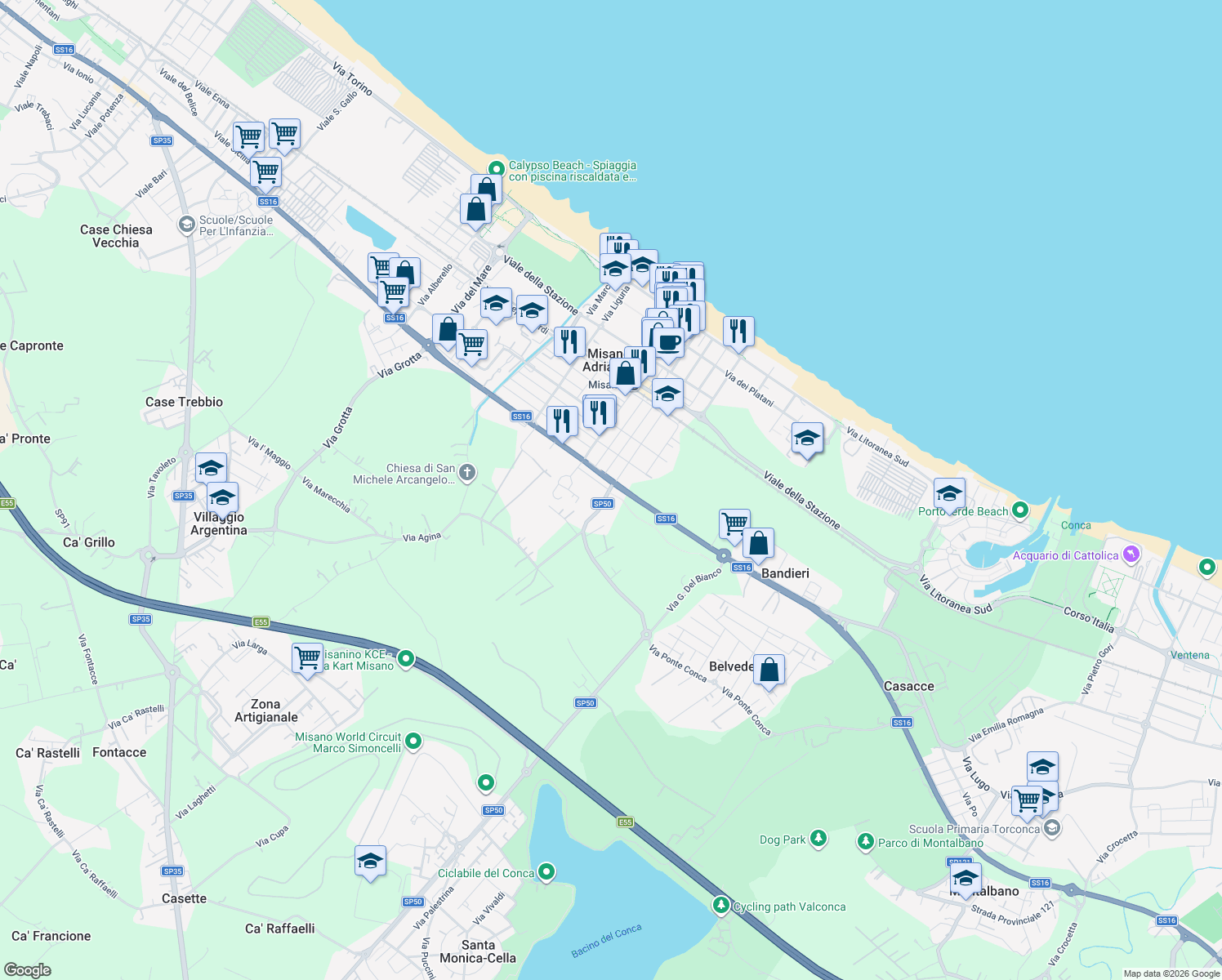 map of restaurants, bars, coffee shops, grocery stores, and more near Strada Statale 16 Adriatica in Misano Adriatico
