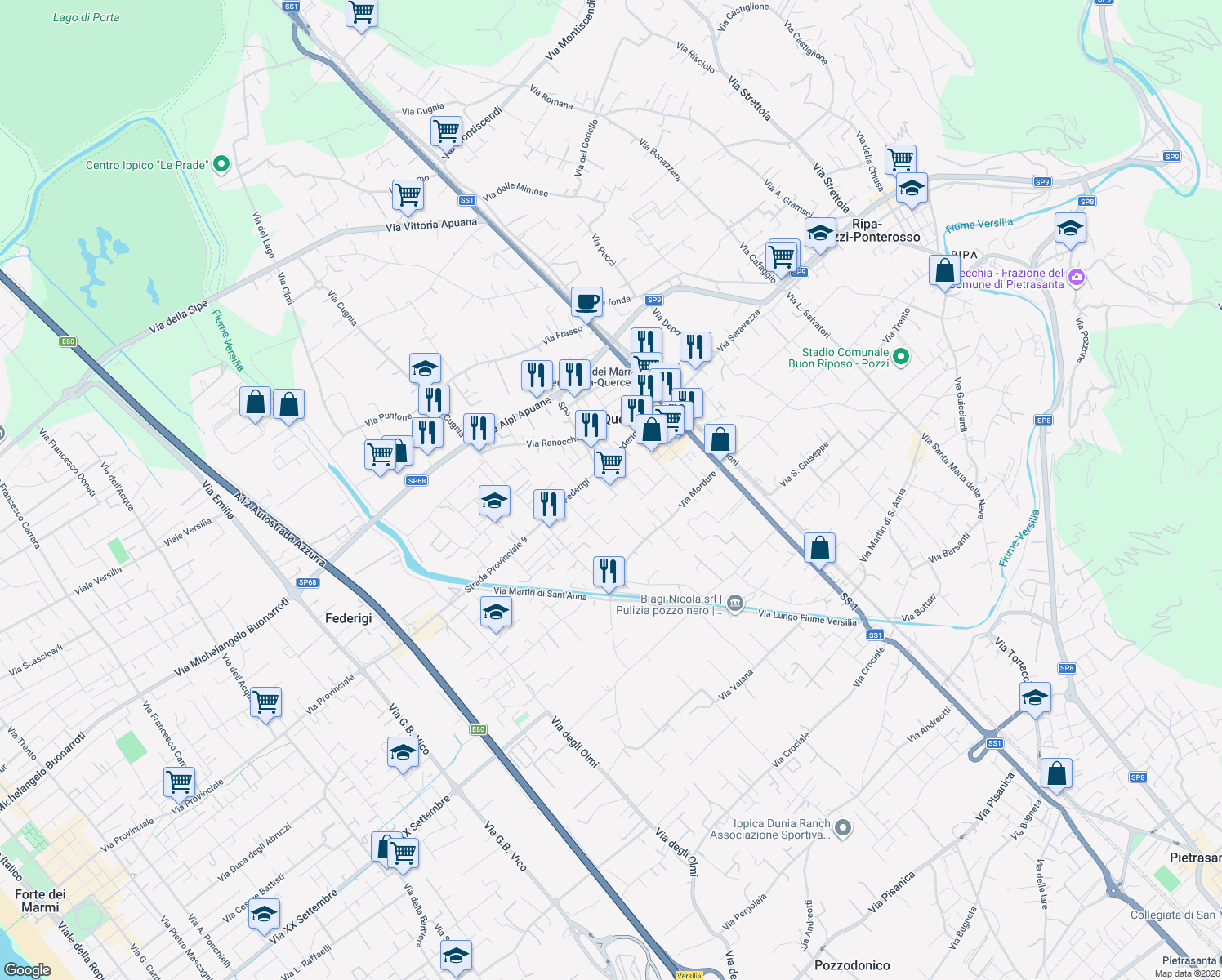 map of restaurants, bars, coffee shops, grocery stores, and more near Via Fortunato Federigi in Ripa- Pozzi-Ponterosso