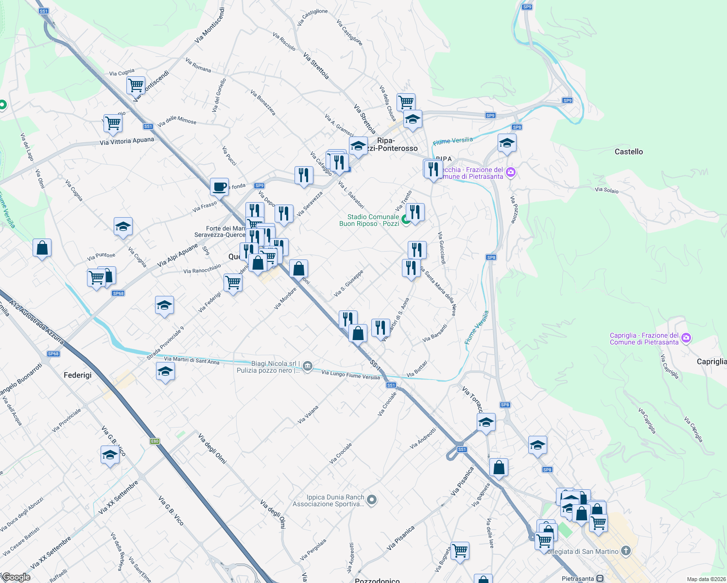 map of restaurants, bars, coffee shops, grocery stores, and more near 302 Via Madonnina dei Pagliai in Ripa- Pozzi-Ponterosso